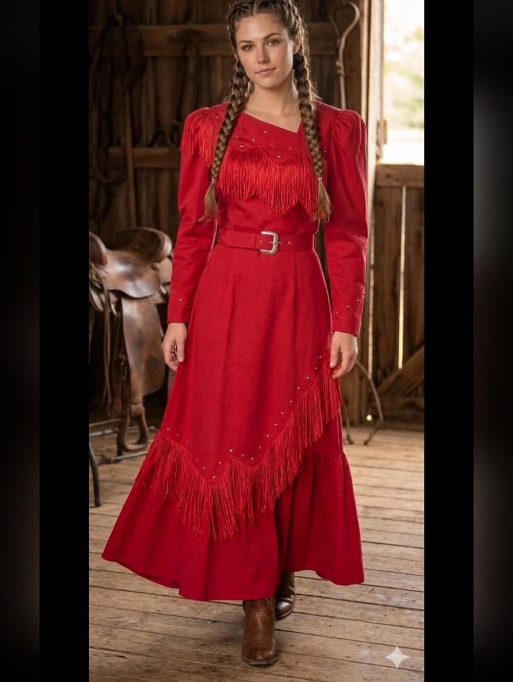 Lilia Smitty Western Attitude Vintage Fringe Red Maxi Dress XS Sliver Studs
